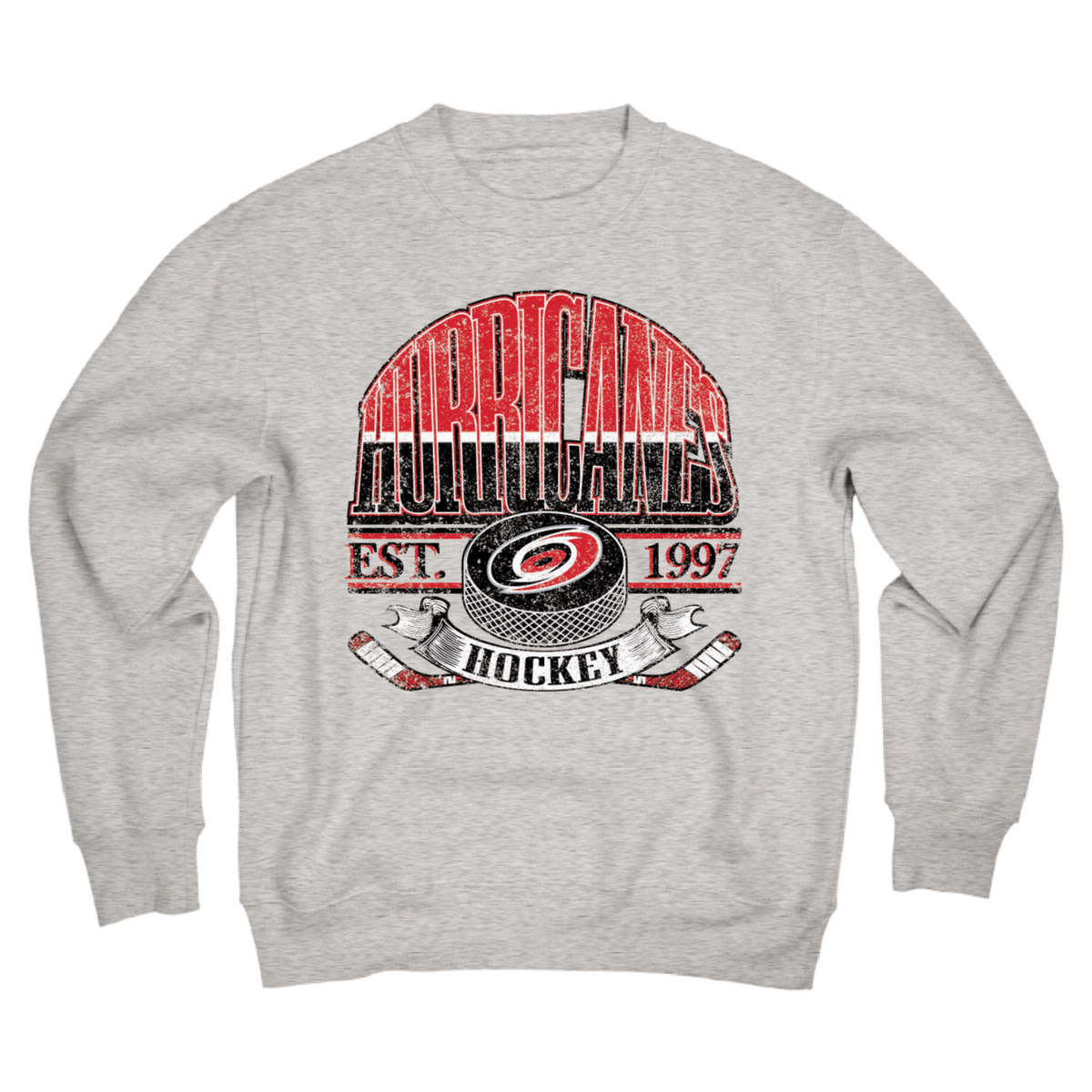 Gray crewneck, "HURRICANES HOCKEY EST. 1997" in red/black/white with art of puck, hockey sticks