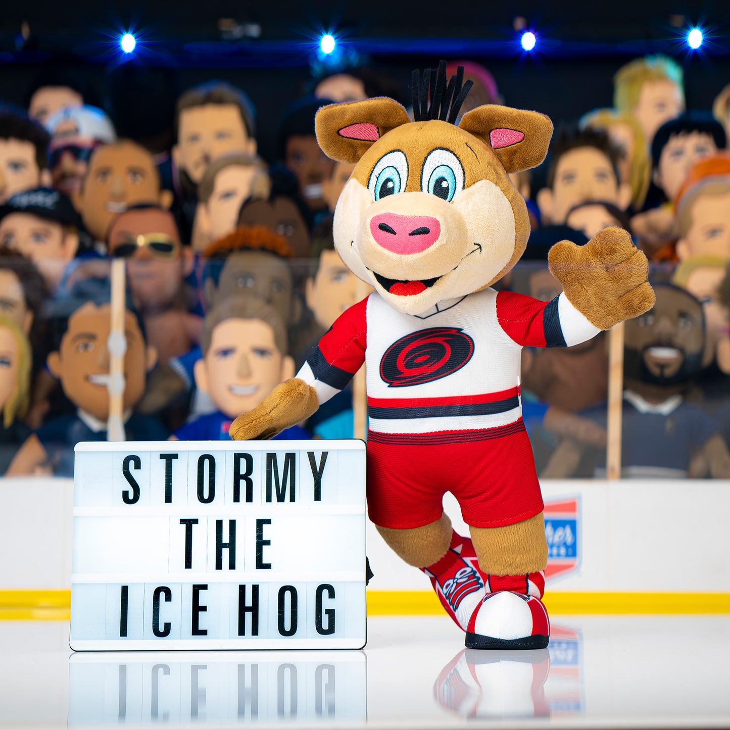 Stormy plush posed with "Stormy the Ice Hog" sign on ice rink in front of crowd
