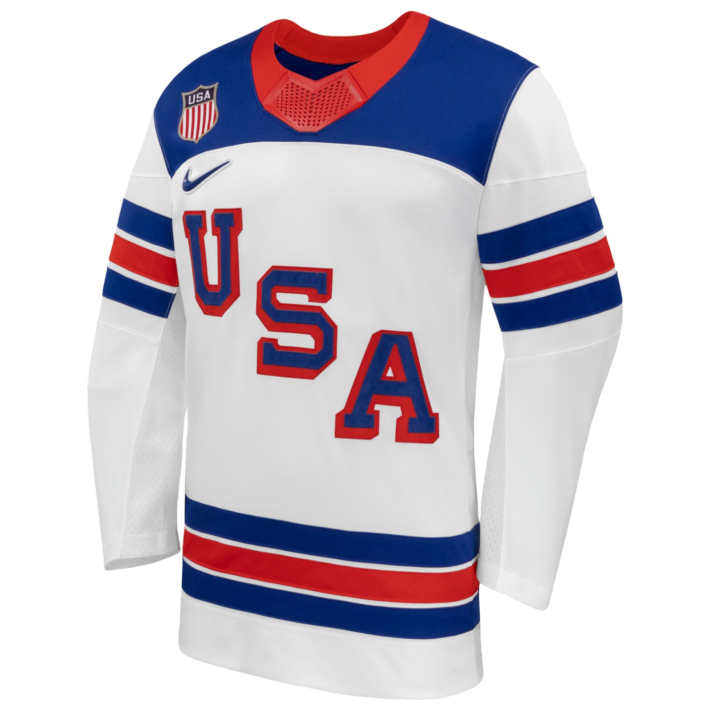 Front: White jersey, red/blue striping/trim, "USA" diagonal across front with Nike logo
