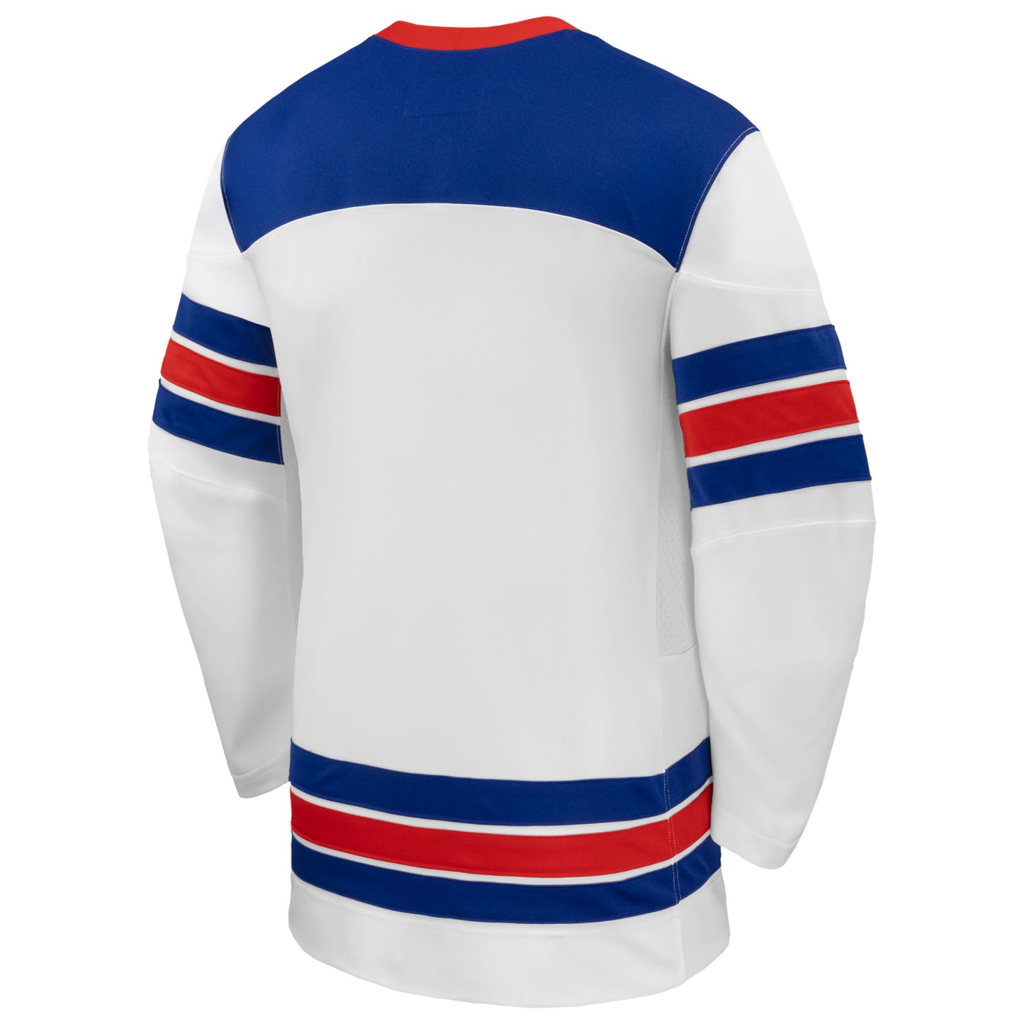 Front: White jersey, red/blue striping/trim