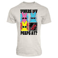 White tee, collage of 3 peeps and the Flags logo in a square, "WHERE MY PEEPS AT?" in black