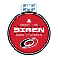 Red circular sticker, 'Sound The Siren' wordmark, "2026 Playoffs" in white with Primary logo