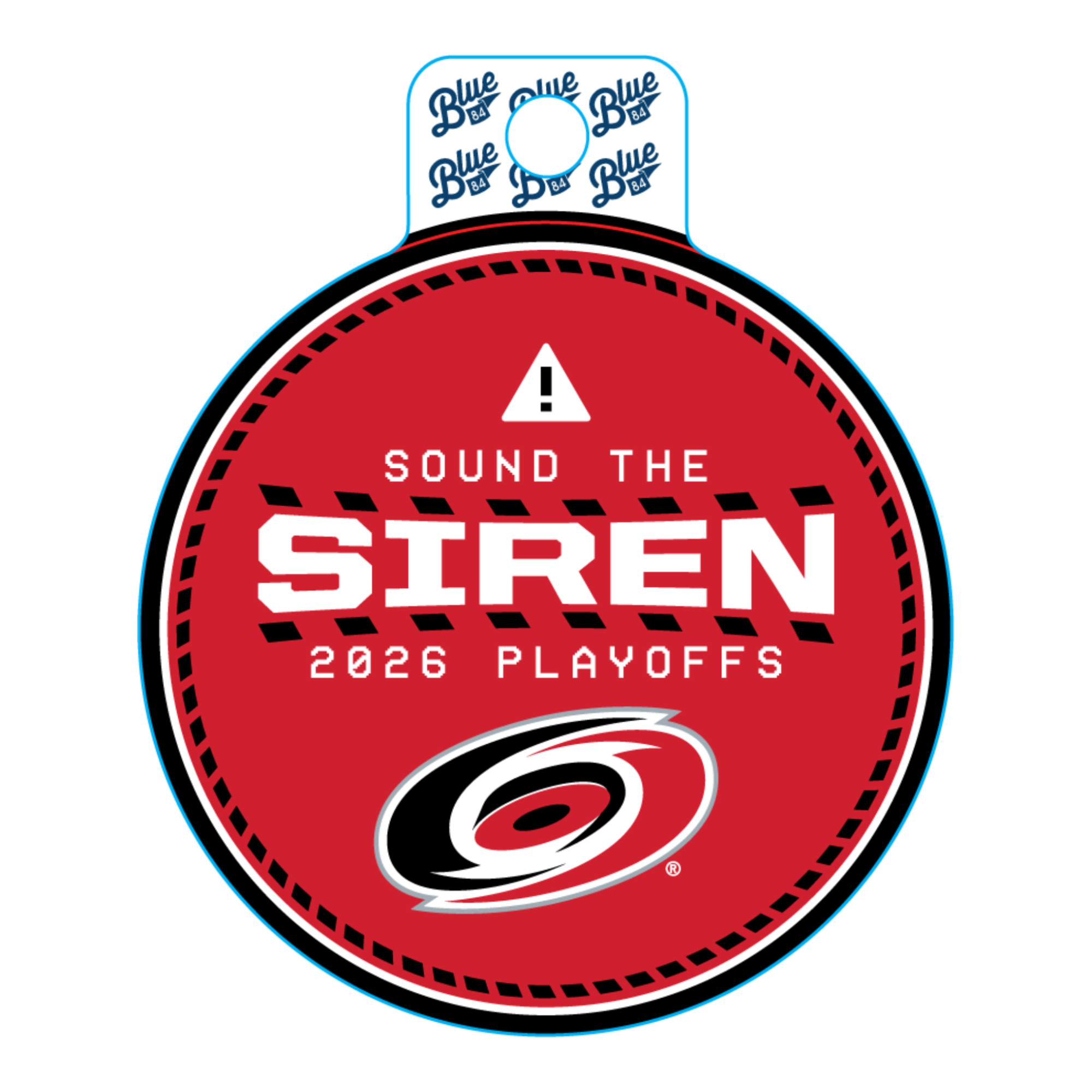 Red circular sticker, 'Sound The Siren' wordmark, "2026 Playoffs" in white with Primary logo