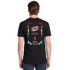 Back: Red/yellow/blue rectangular artwork featuring Hispanic Heritage Hurricanes logo, "HURRICANES DE LA CAROLINA"