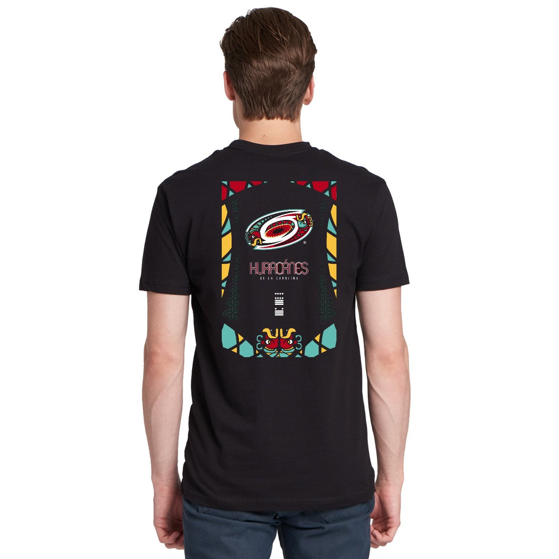 Back: Red/yellow/blue rectangular artwork featuring Hispanic Heritage Hurricanes logo, "HURRICANES DE LA CAROLINA"