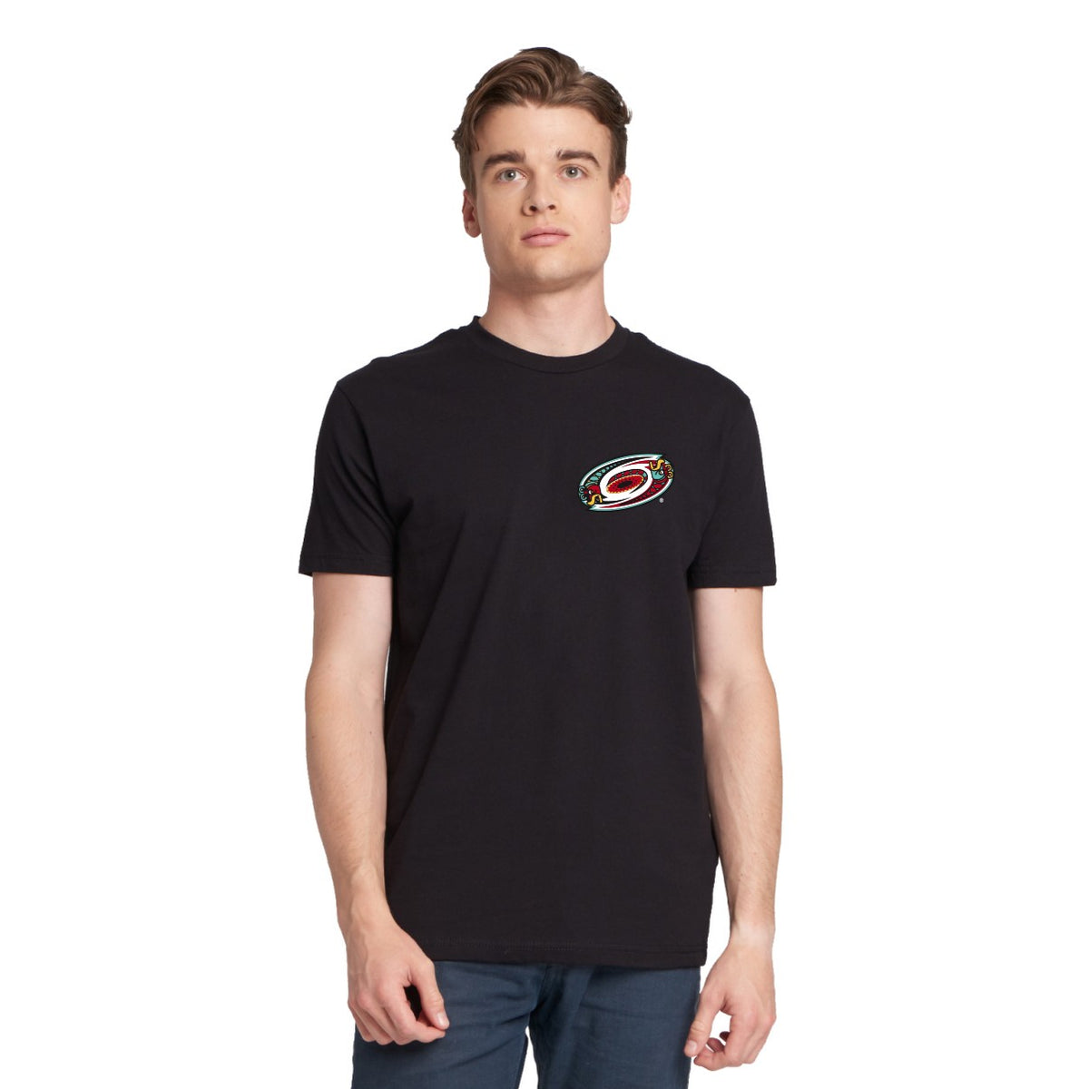 Front: Black tee, Hispanic Heritage Primary Hurricanes logo on left chest