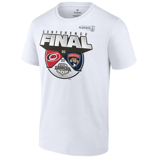 Front: White tee with Eastern Conference Final graphic featuring Hurricanes and Panthers logos