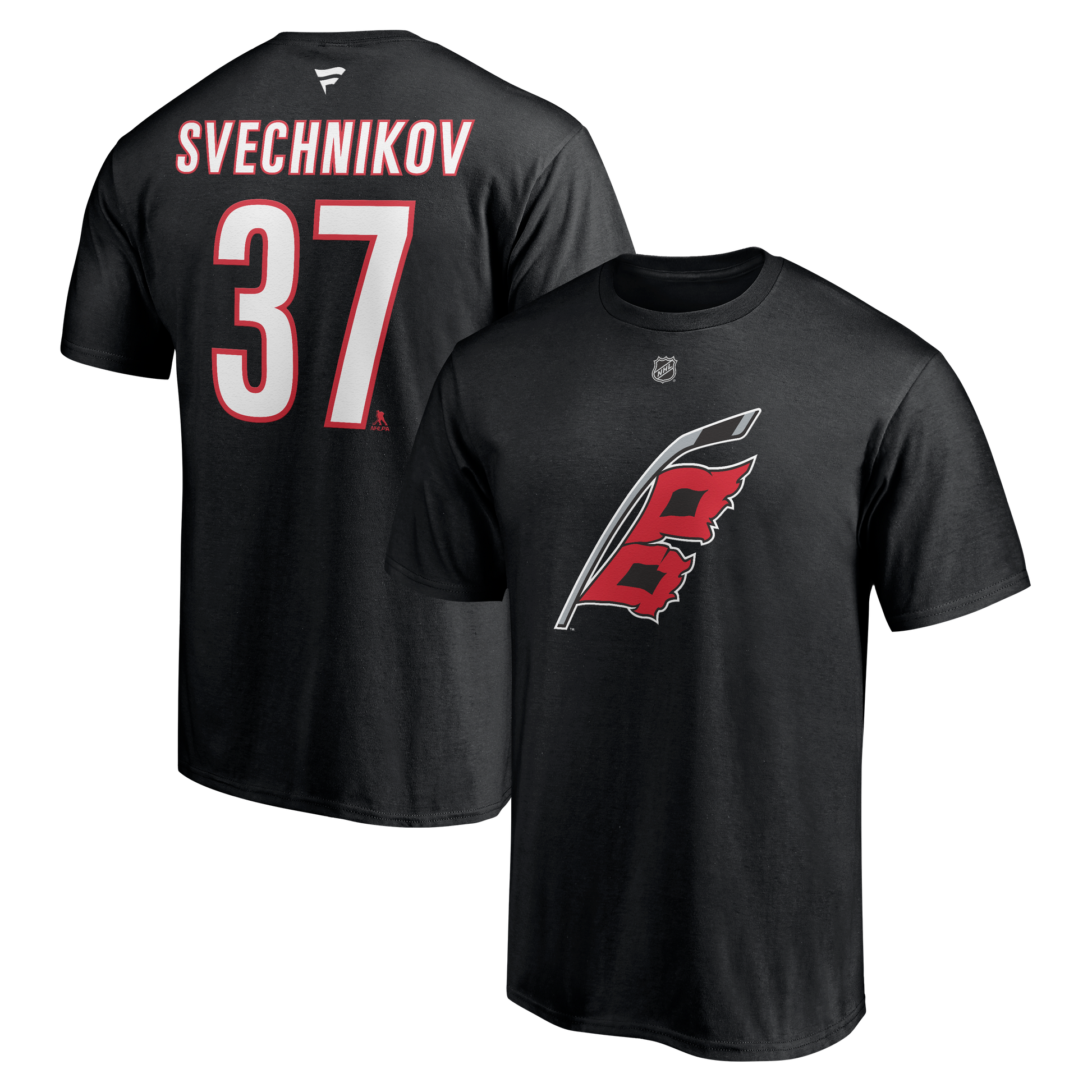 Front and back view of black Svechnikov player tee