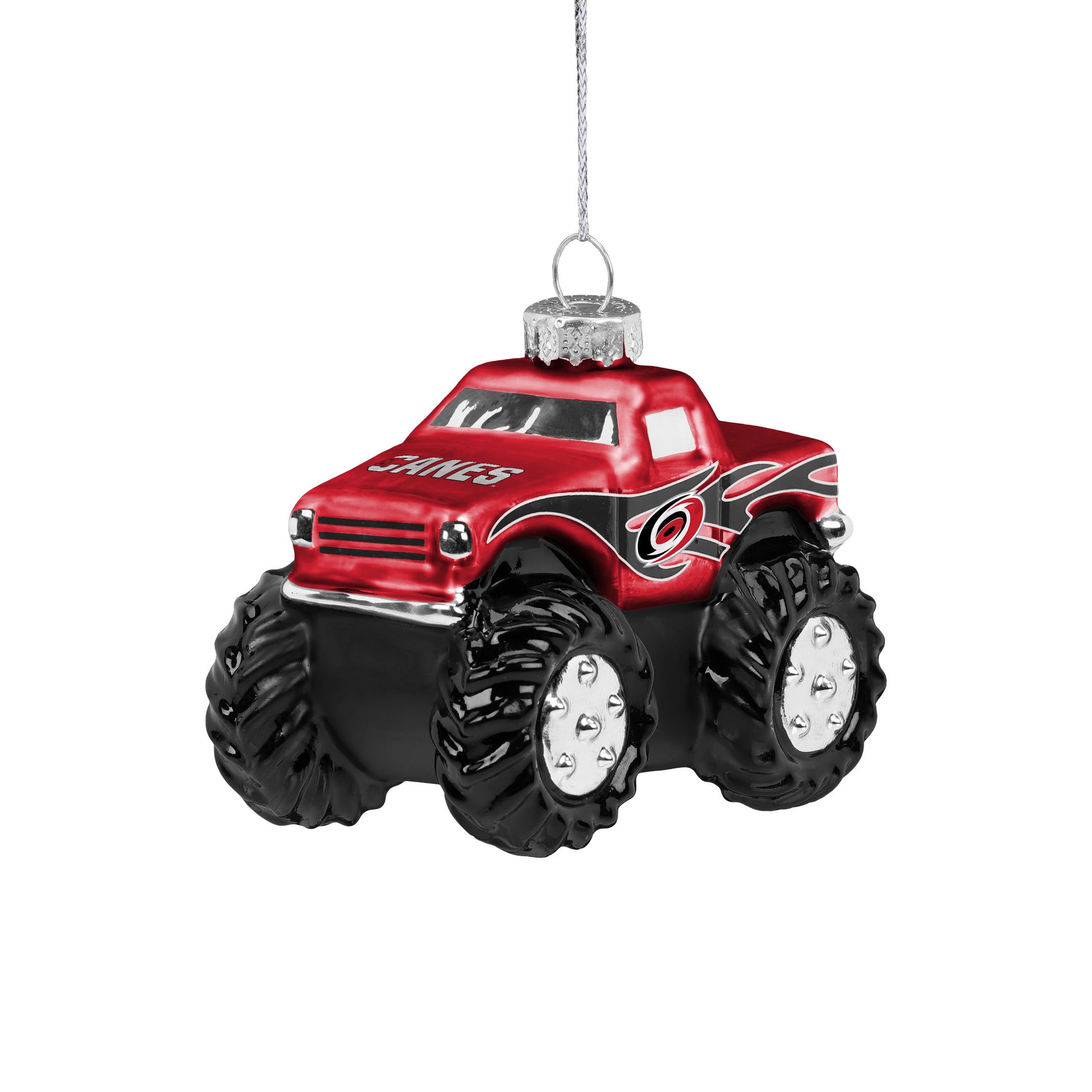 Front: Red monster truck ornament, "CANES" wordmark on hood