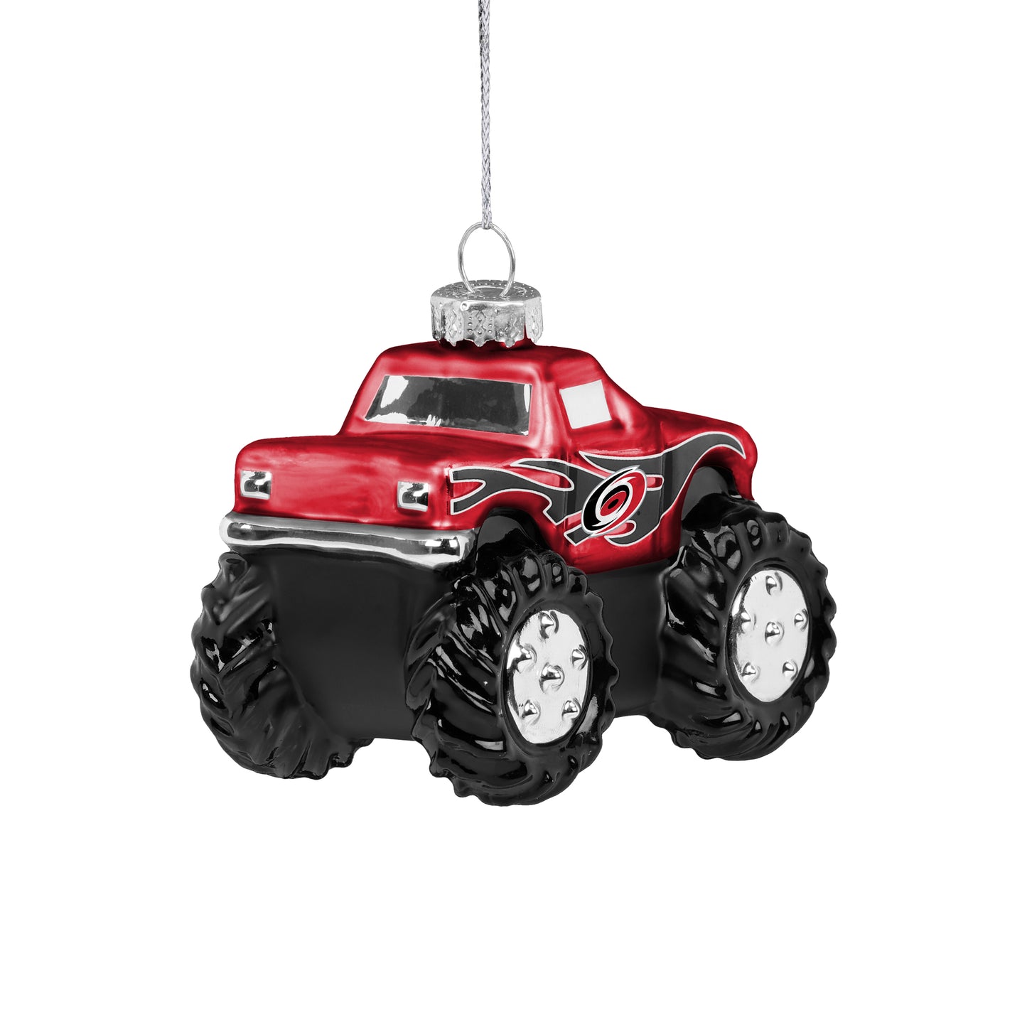 Back: Ornament with monster truck tires, "tail lights" on back