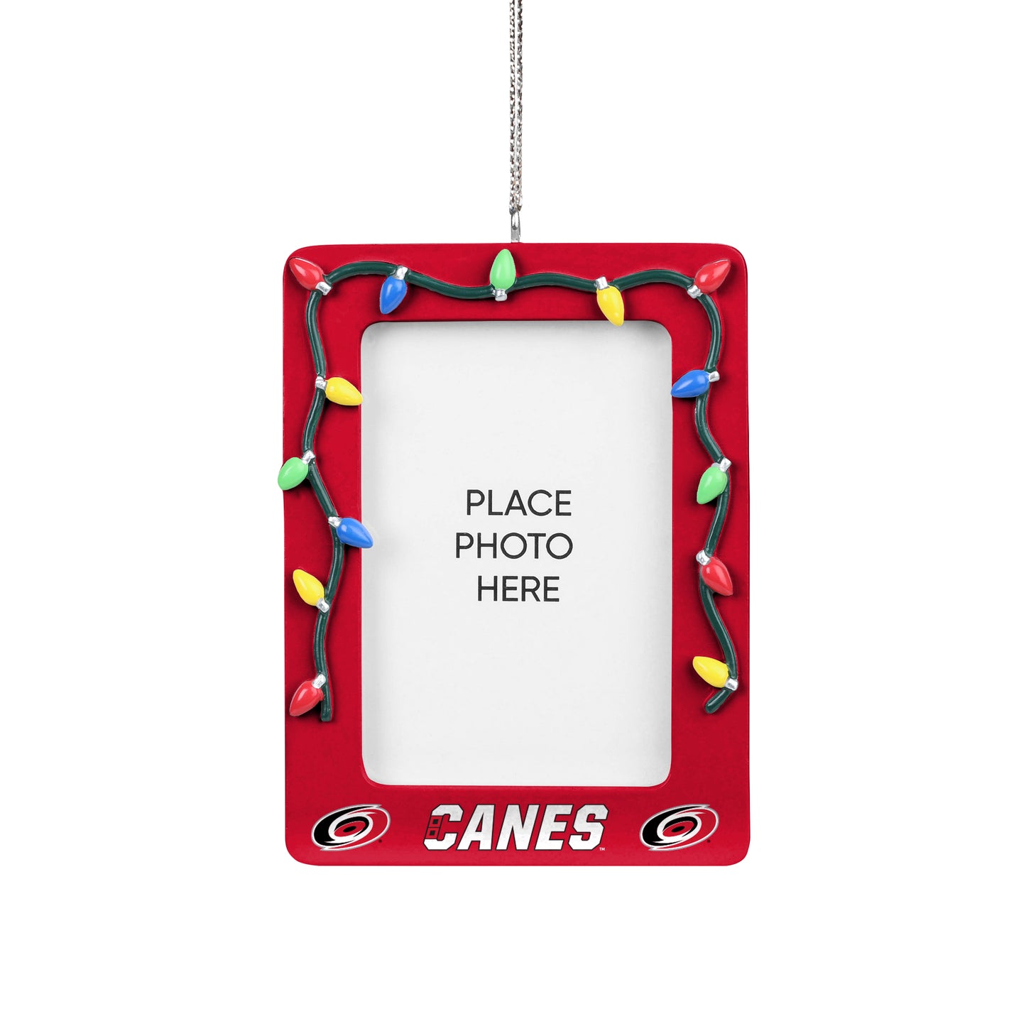 Front: Red photo frame ornament with holiday lights, "CANES" wordmark