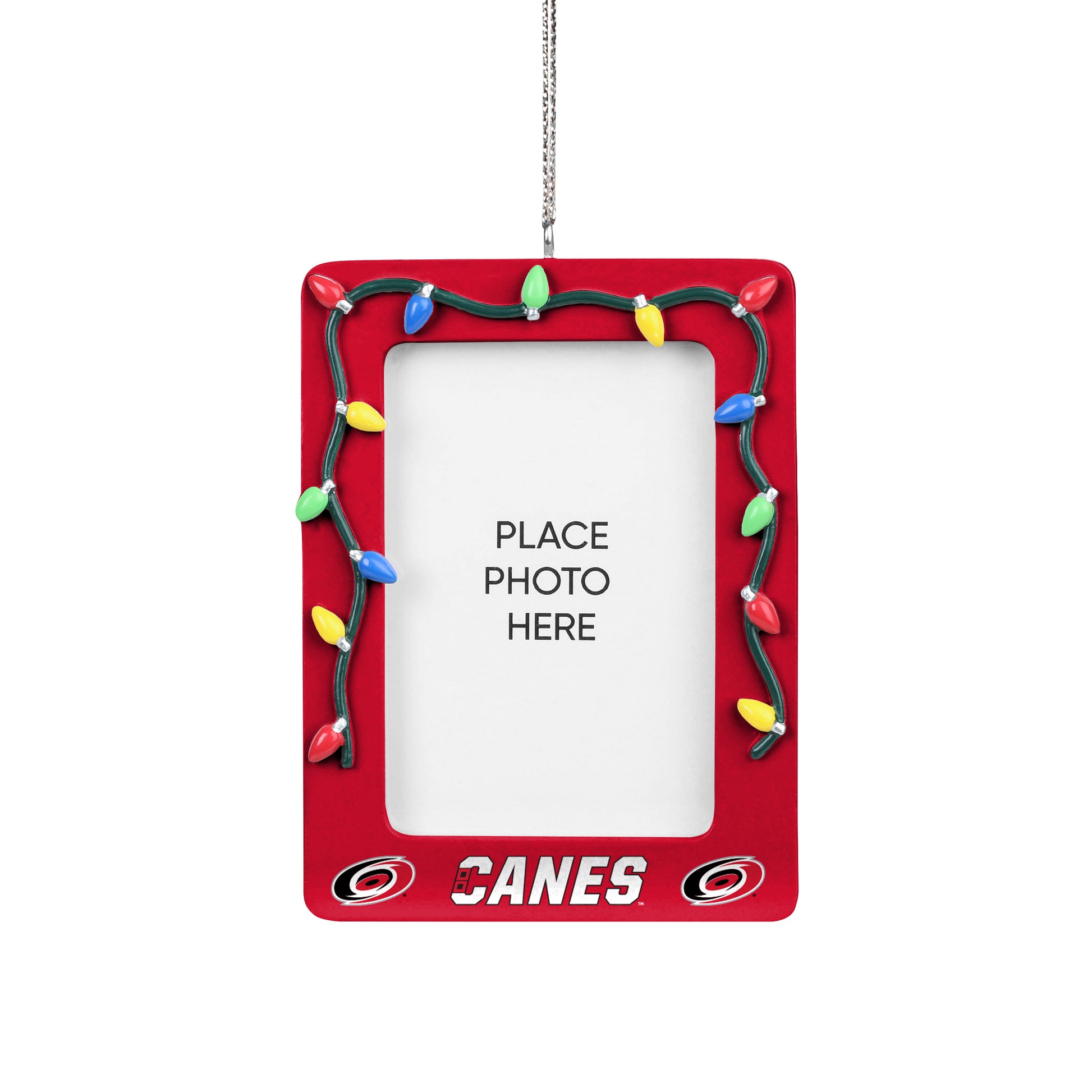 Front: Red photo frame ornament with holiday lights, "CANES" wordmark