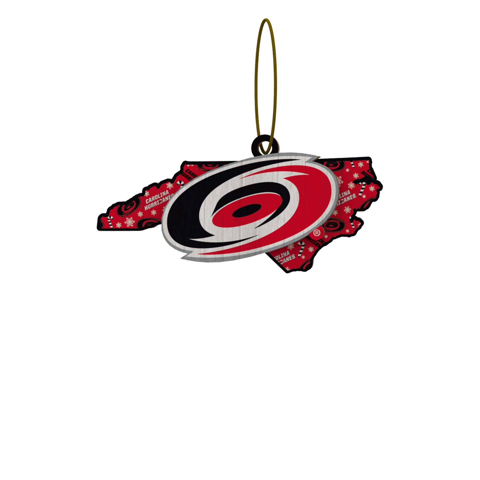 Red ornament of NC state outline with Primary logo laid overtop