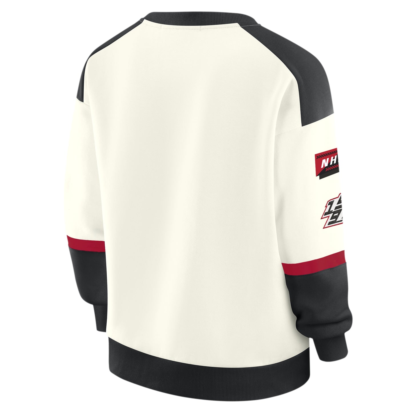 Back: White crew, red/black trim, racing-style "patches" on left/right sleeves