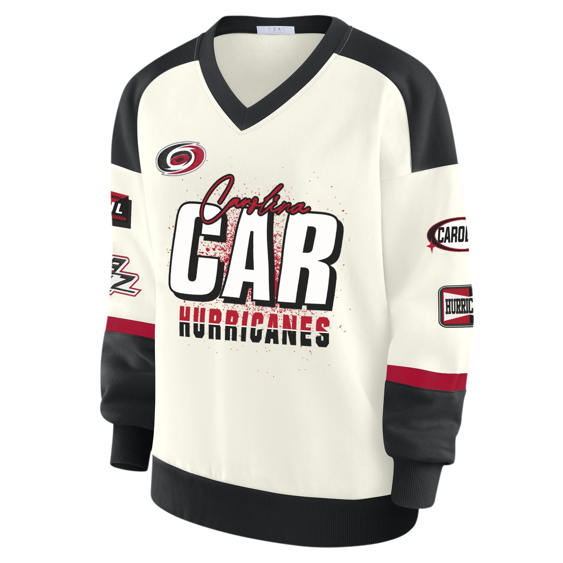 Front: White crew, red/black trim, racing-style graphic on front