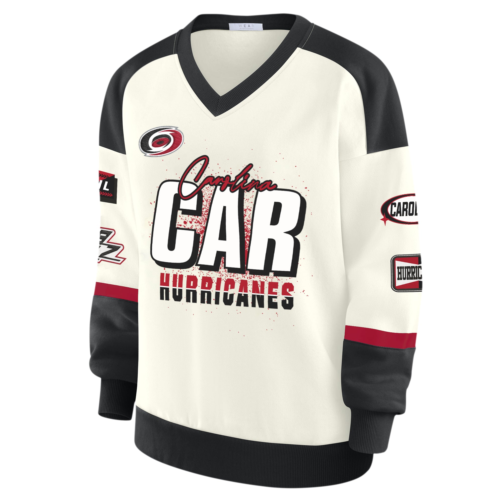 Front: White crew, red/black trim, racing-style graphic on front