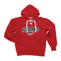 Red hoodie, hockey strings at neckline, "HURRICANES" in black/white with Primary logo across front