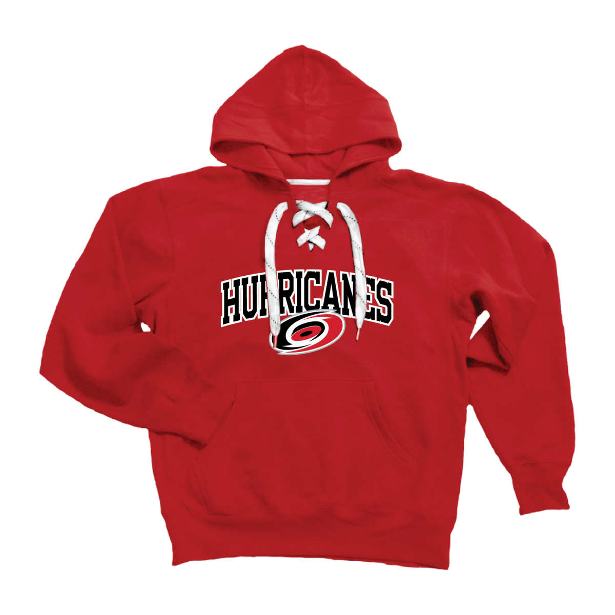 Red hoodie, hockey strings at neckline, "HURRICANES" in black/white with Primary logo across front