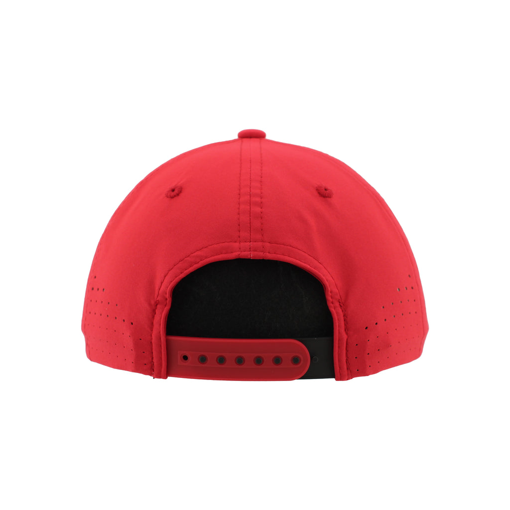 Back: Red/black snapback straps; red eyelets/crown; moisture-wicking material on back