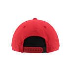 Back: Red/black snapback straps; red eyelets/crown; moisture-wicking material on back