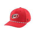 Front Left: Red hat, tri-colored rope on brim, Primary logo on front