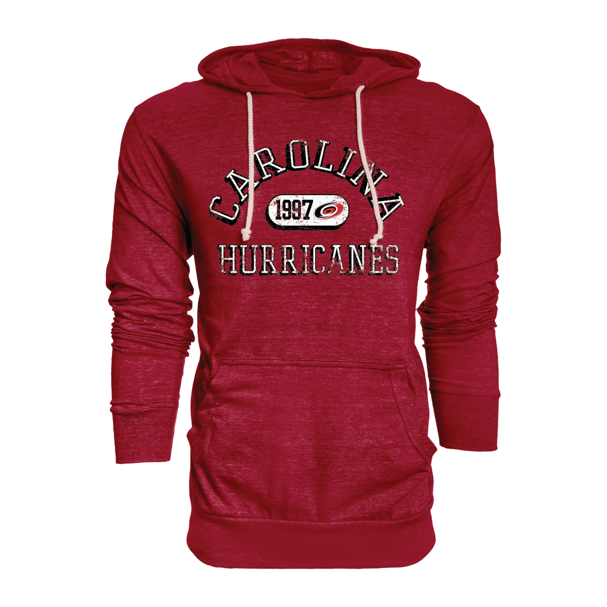 Dark red hoodie, "CAROLINA HURRICANES" in white/black around white oval containing "1997" with Primary logo