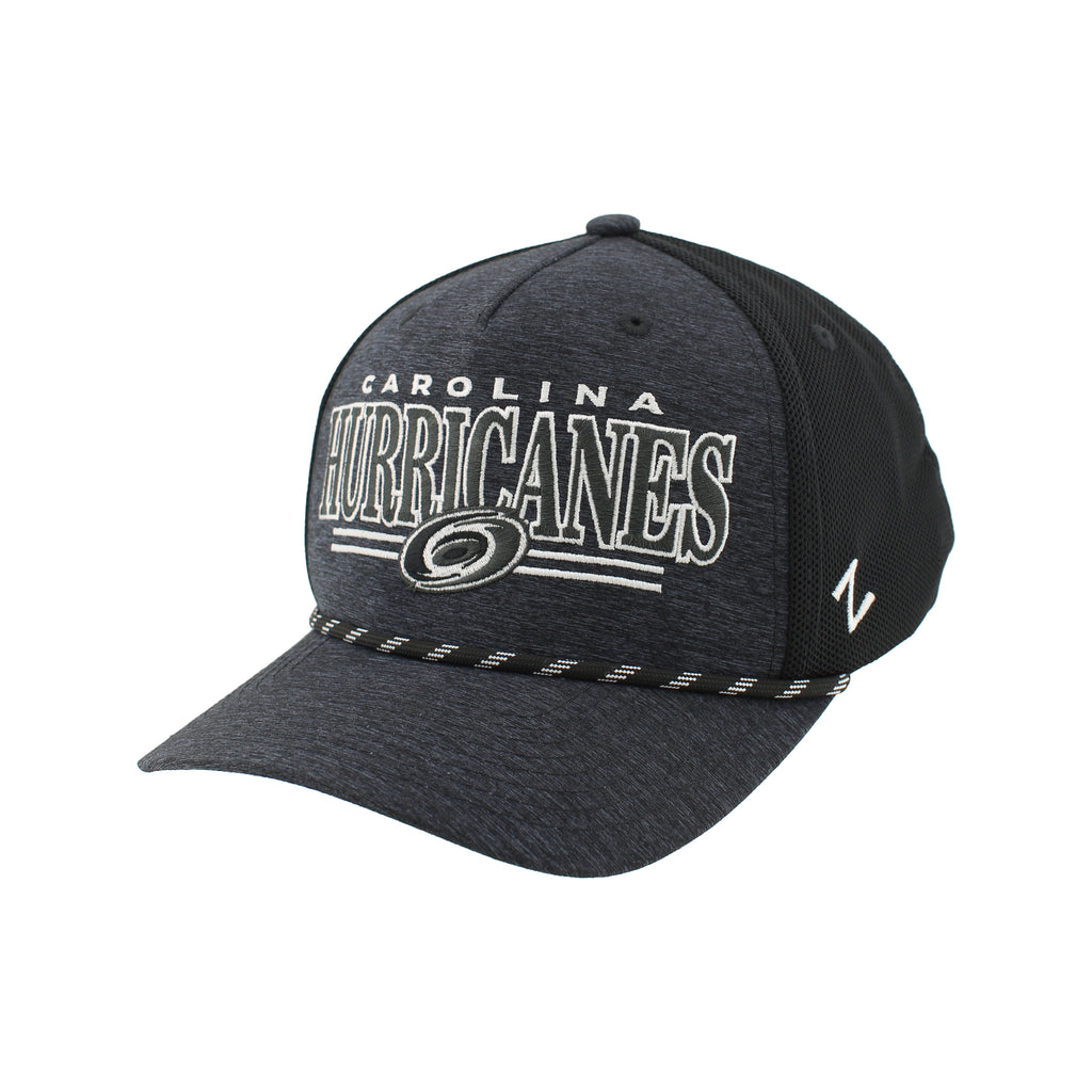 Front Left: Dark gray hat, black meshback, black/white rope on brim, artwork on front