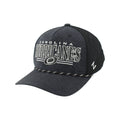 Front Left: Dark gray hat, black meshback, black/white rope on brim, artwork on front