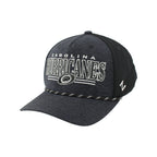 Front Left: Dark gray hat, black meshback, black/white rope on brim, artwork on front