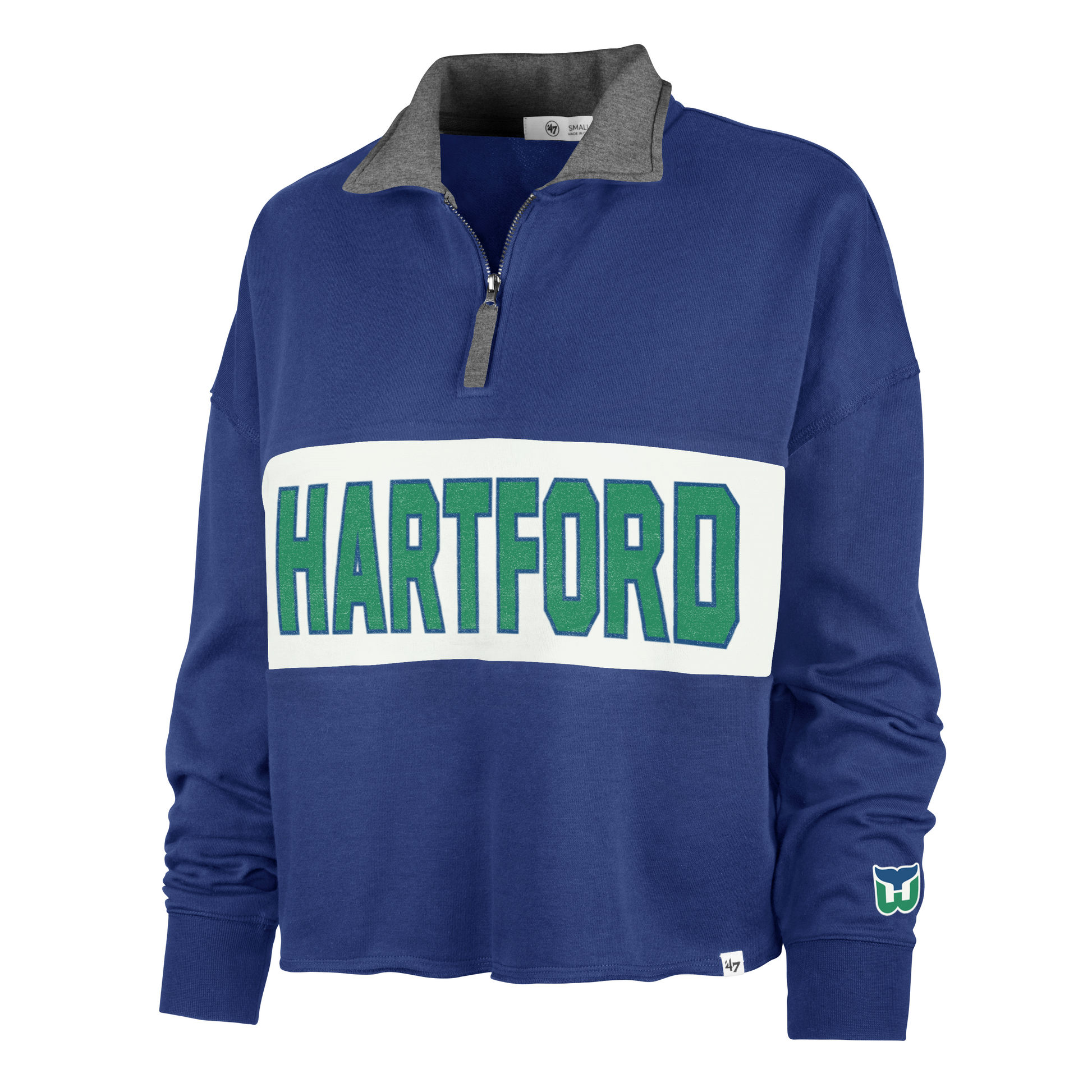 Front: Blue and white quarter zip with gray collar, Hartford in green with whalers logo on sleeve