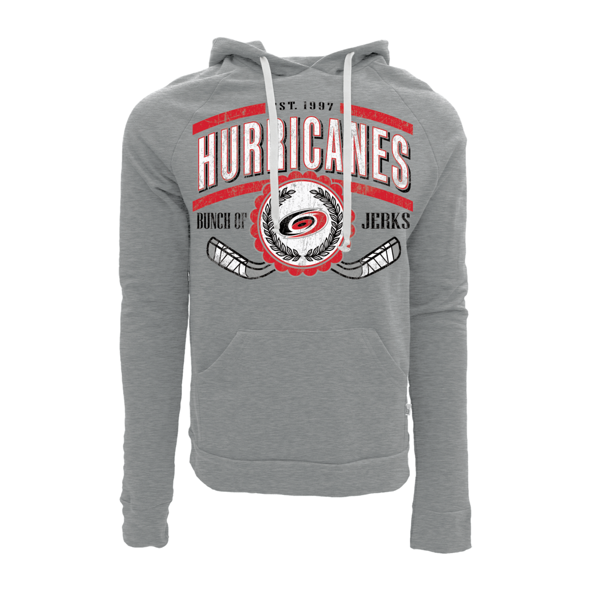 Gray hoodie, "HURRICANES EST. 1997 BUNCH OF JERKS" in black/white with Primary logo, hockey sticks