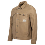 Front: Brown jacket with buttons, chest pockets, Hurricanes art on left chest pocket