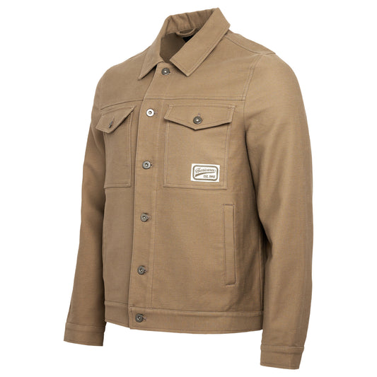 Front: Brown jacket with buttons, chest pockets, Hurricanes art on left chest pocket