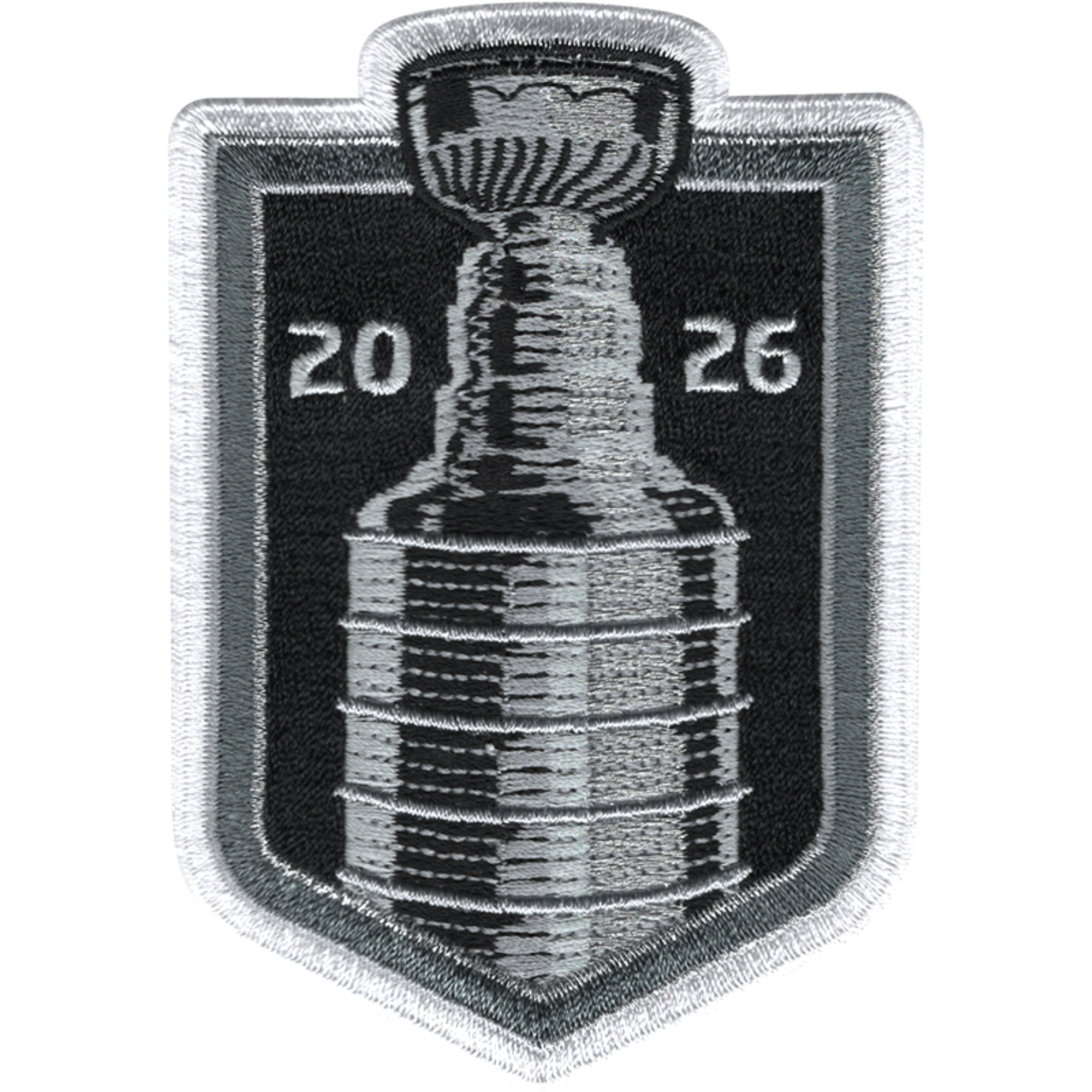Black/silver jersey patch with art of Stanley Cup, "20" to left of Cup, "26" to right