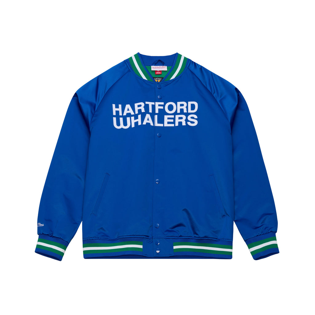 Front: Blue button-up satin jacket, "HARTFORD WHALERS" in white across front, green/white trim
