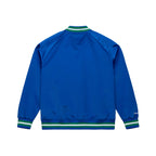 Back: Blue satin jacket, green/white stripes at waist/wrists/neck