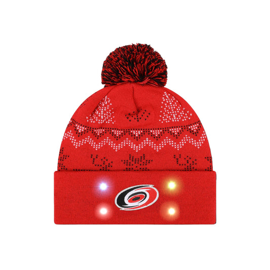 Red beanie with pom & Christmas sweater pattern, LED lights on cuff