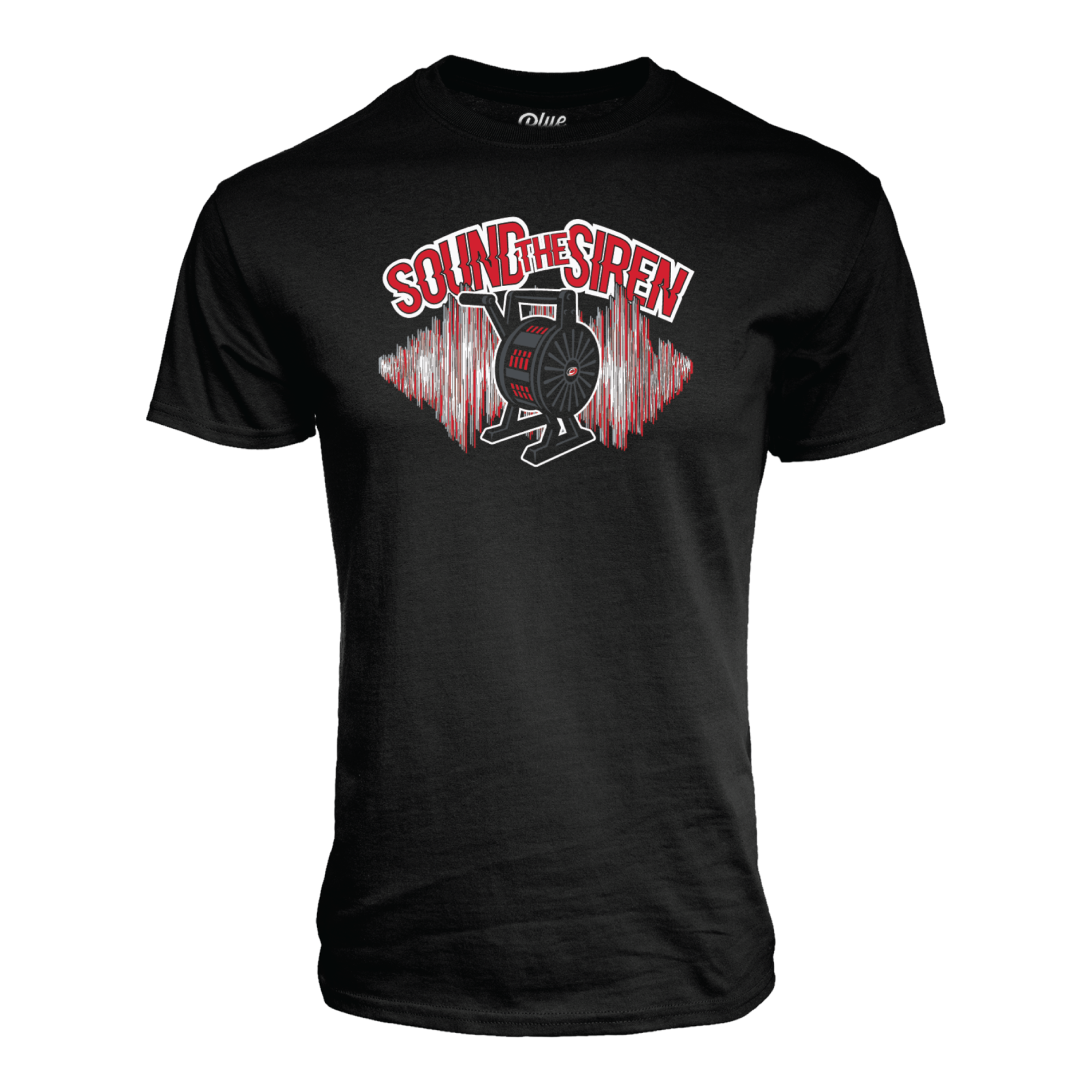 Black tee, "SOUND THE SIREN" in red/white, with art of Siren and soundwaves