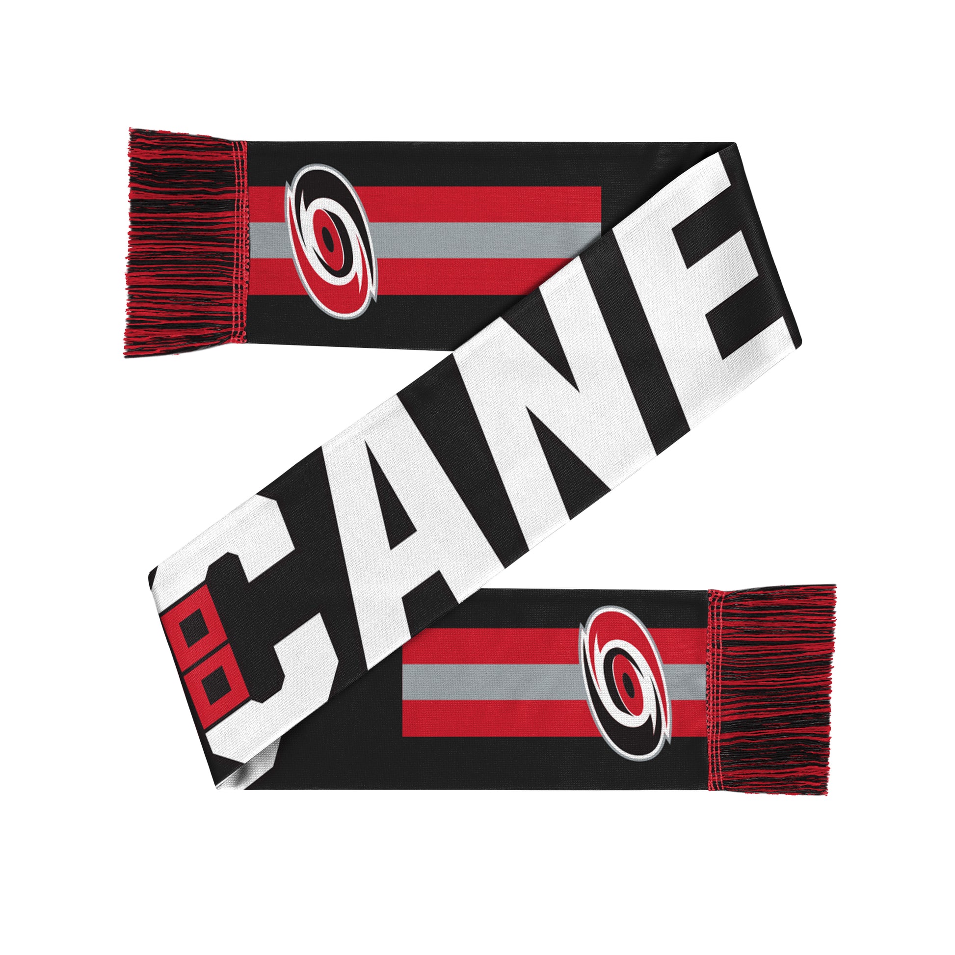 Black scarf, red and black fringe, CANES wordmark, primary logo on red/gray stripes
