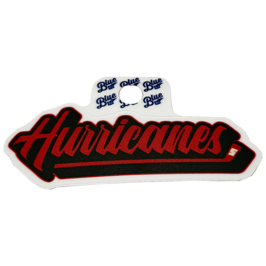 Sticker of "Hurricanes" in script in red, underlined by red hockey stick, black background