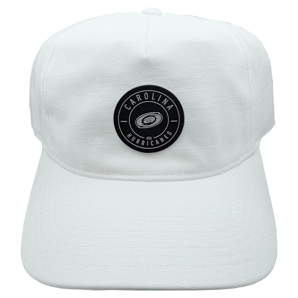 Front: White hat, black circular patch on front- "Carolina Hurricanes" with Primary logo in grey