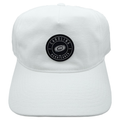 Front: White hat, black circular patch on front- "Carolina Hurricanes" with Primary logo in grey