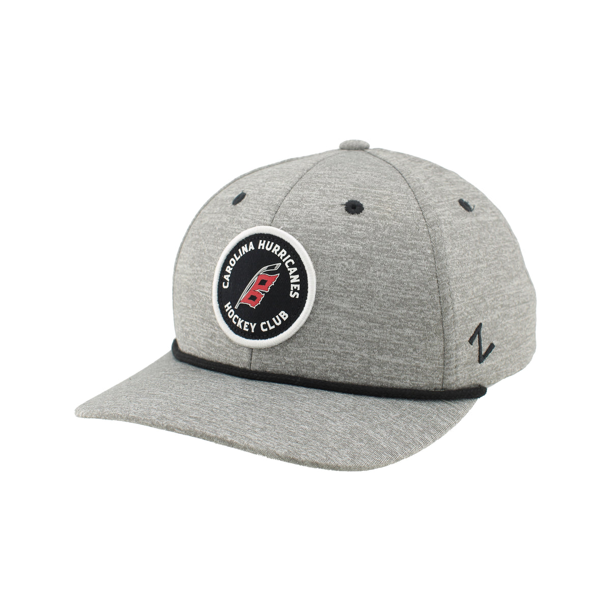 Front: Gray hat, circular patch on front, black rope on brim