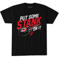 Black tee, "PUT SOME STANK ON IT" in white/red, art of Hurricanes hockey puck/Stankoven's signature