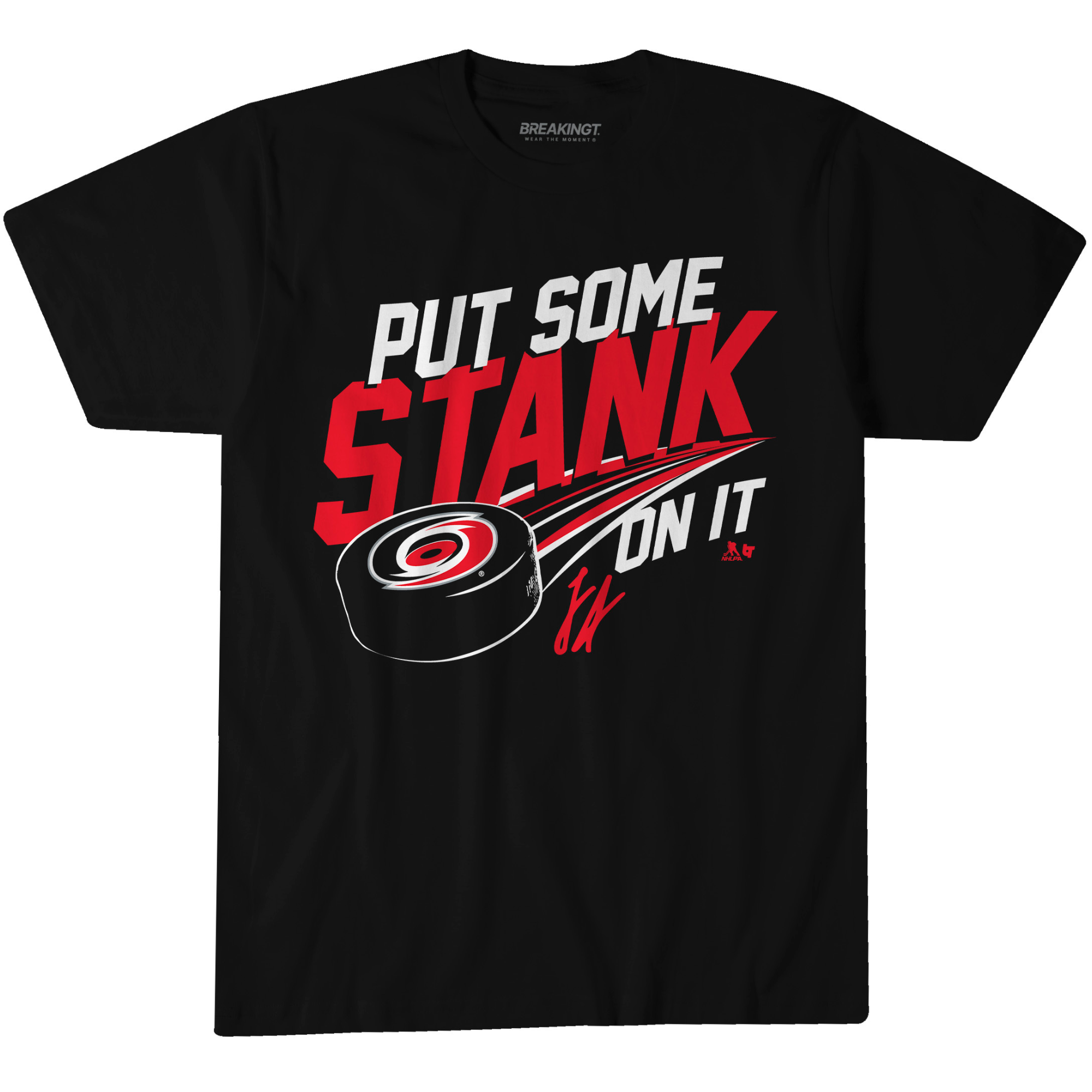 Black tee, "PUT SOME STANK ON IT" in white/red, art of Hurricanes hockey puck/Stankoven's signature