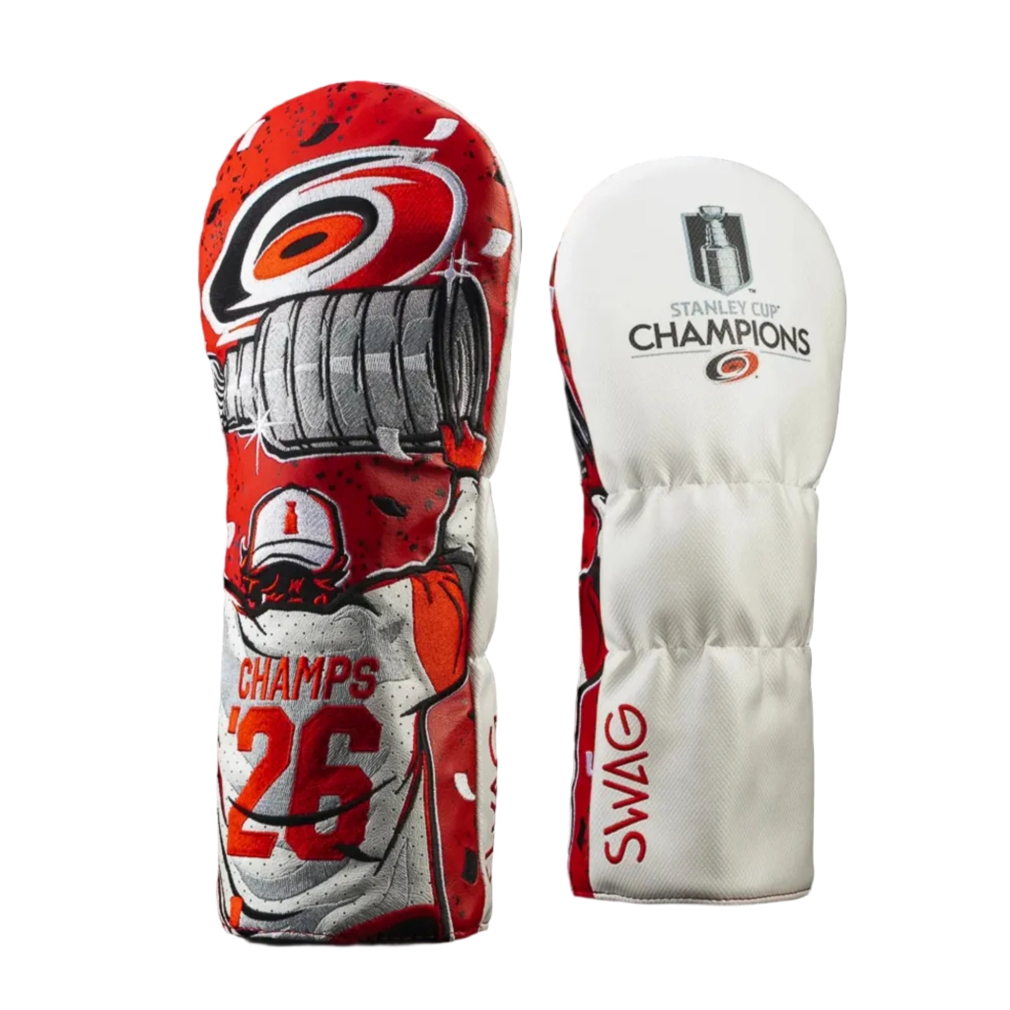 White driver cover, SCC Logo on front, art of player raising Cup on back with red background