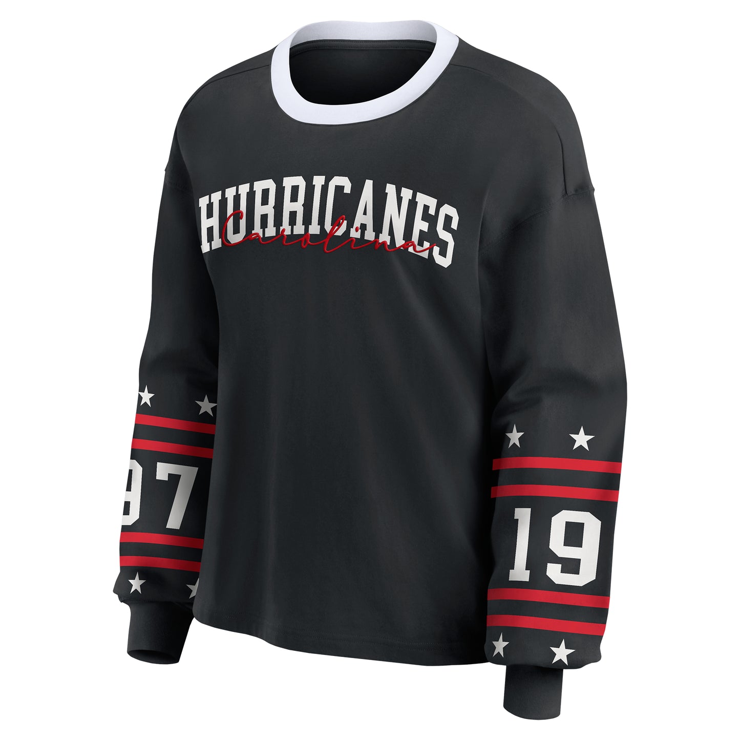 Front: Black longsleeve, white neck, "CAROLINA" in red, cursive, "HURRICANES" in white