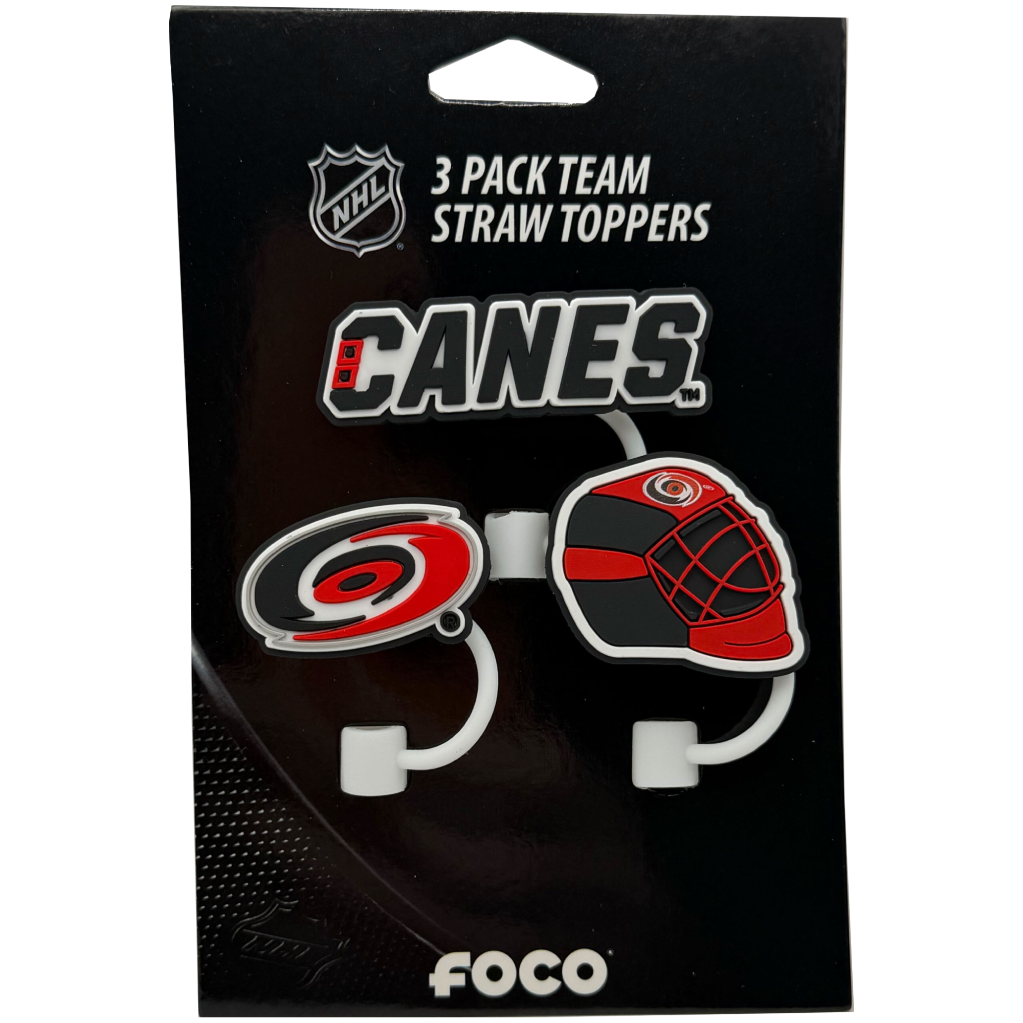 Pack of straw toppers: Primary logo, CANES wordmark, Goalie mask