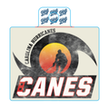 Sticker of hockey player inside of storm swirl, "CANES" wordmark beneath player