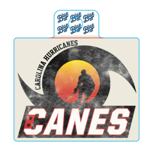 Sticker of hockey player inside of storm swirl, "CANES" wordmark beneath player